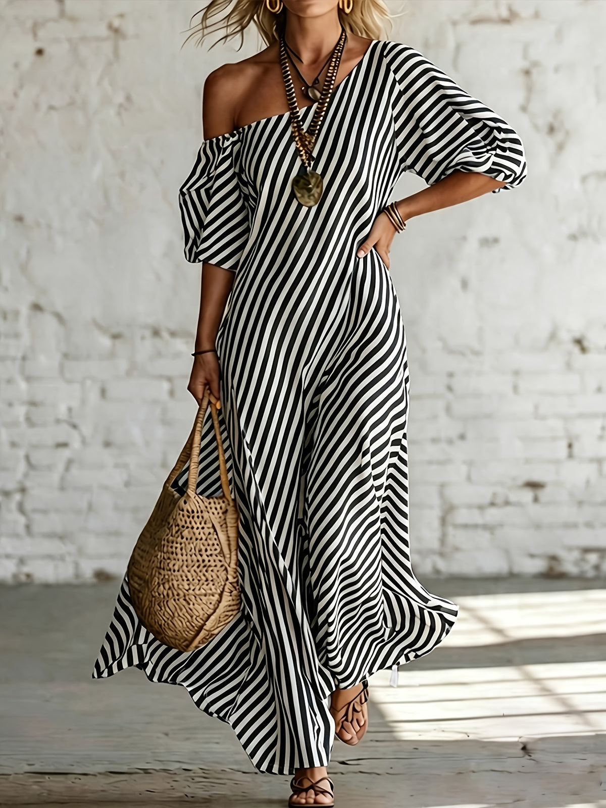 Women'S Elegant Asymmetrical Shoulder Stripe Long Dress, Summer Bohemian Vacation Loose Short Sleeve Maxi Skirt - Mixed colors