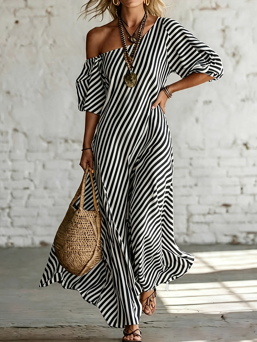 Women'S Elegant Asymmetrical Shoulder Stripe Long Dress, Summer Bohemian Vacation Loose Short Sleeve Maxi Skirt - Mixed colors