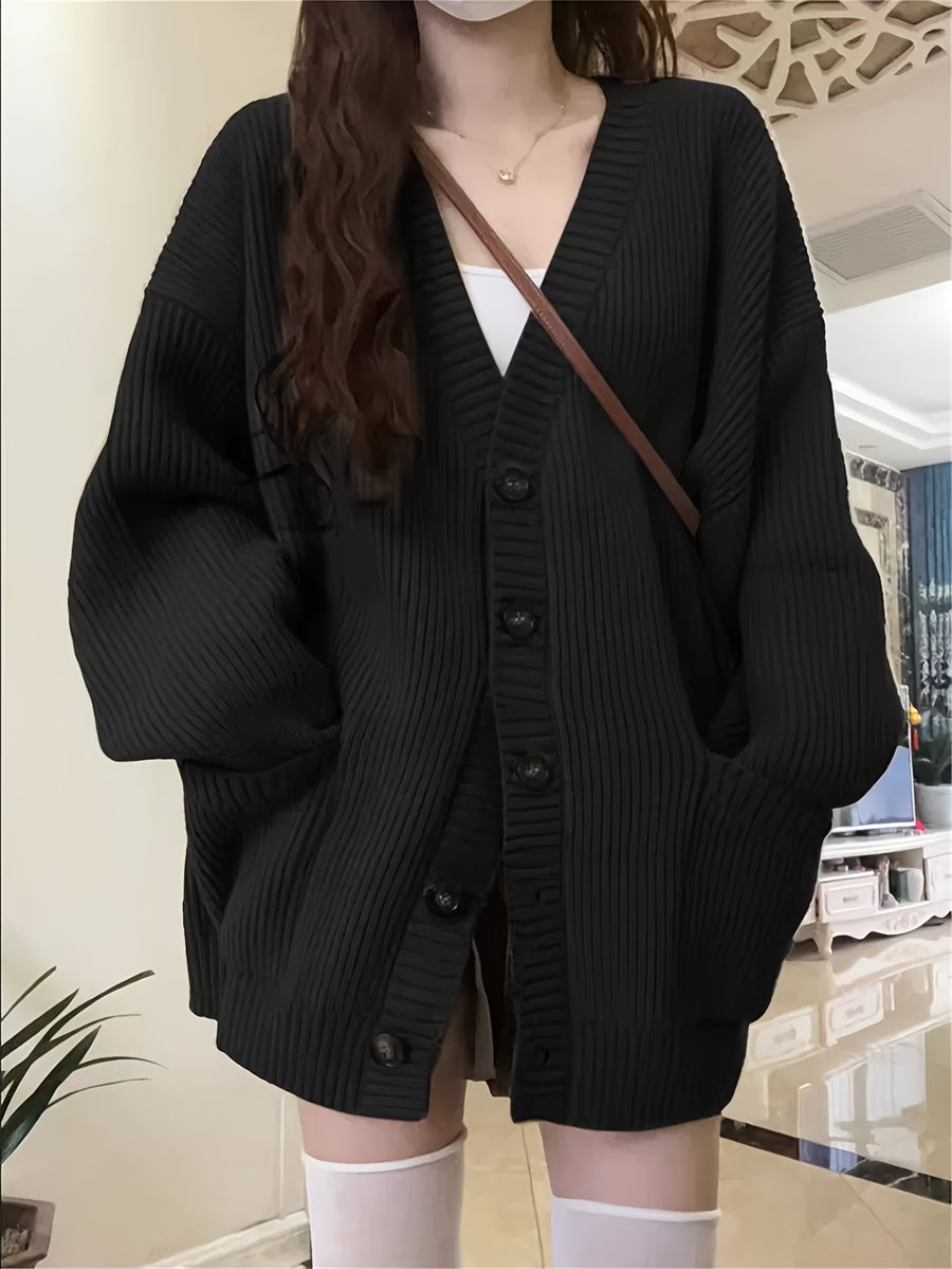 Casual V-Neck Single-Breasted Sweater Coat for Women with Double Pockets, Autumn and Winter Cardigan - Black