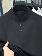 Men's Summer Short-Sleeve Stand Collar T-Shirt - Breathable Small Base Layer Shirt, Solid Color Business Casual Top Suitable for Daily Work Wear, Machine Washable & Dry Cleanable, Asymmetrical Hem - Black