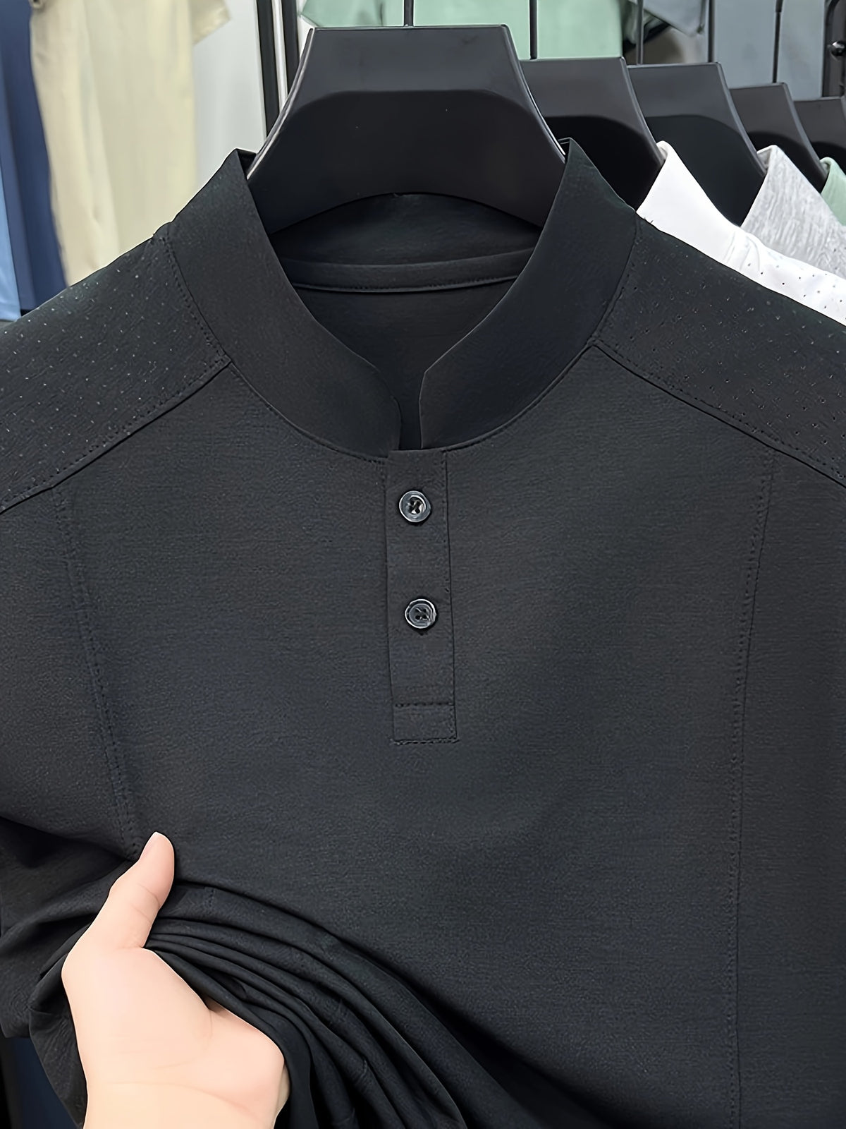 Men's Summer Short-Sleeve Stand Collar T-Shirt - Breathable Small Base Layer Shirt, Solid Color Business Casual Top Suitable for Daily Work Wear, Machine Washable & Dry Cleanable, Asymmetrical Hem - Black