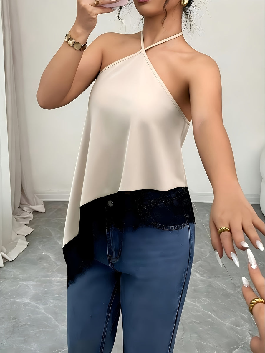 New Summer Satin Women's Camisole, Halter Neck Tie, Asymmetrical Lace Hem, Sexy Women's Camisole, Luxurious Lace-Trimmed Backless Bodycon Camisole, Sexy Sleeveless Top, Suitable for Parties, Cocktail Events, Formal Occasions, and Business Casual - Apricot