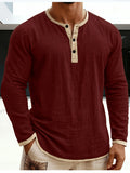 Men'S Retro Color Block Casual Henley Crewneck T-Shirt in Linen, Vintage T-Shirt for Men - Burgundy