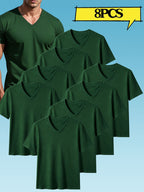 8pcs Men's Casual Knit Ribbed V-Neck T-Shirt / Soft and Comfortable Fabric / Short Sleeve / Solid Color / Crew Neck / Back-to-School Season, Casual Sporty Design Top, Multiple Colors Available, Suitable for Summer Daily Wear - 8-piece dark green