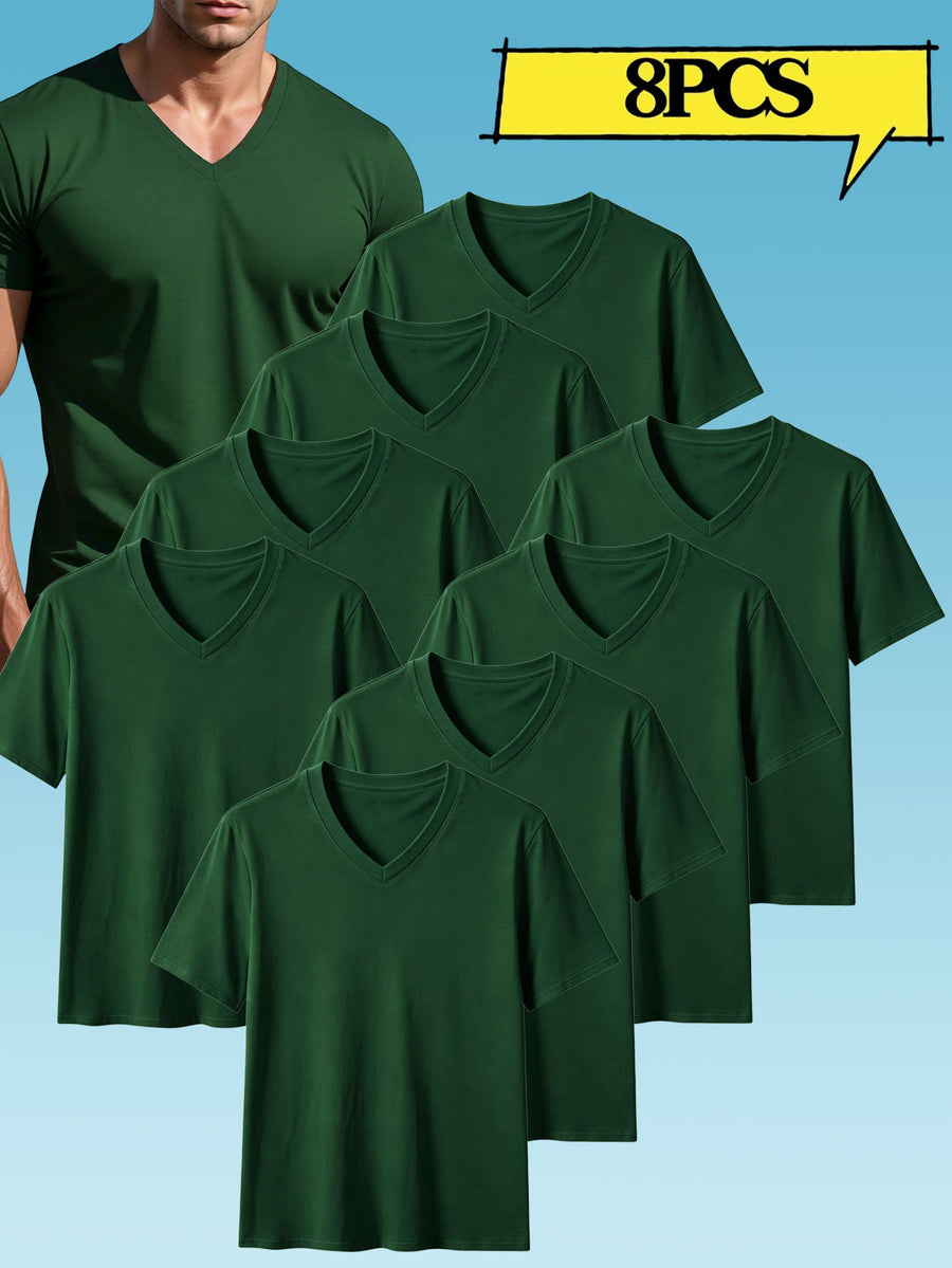 8pcs Men's Casual Knit Ribbed V-Neck T-Shirt / Soft and Comfortable Fabric / Short Sleeve / Solid Color / Crew Neck / Back-to-School Season, Casual Sporty Design Top, Multiple Colors Available, Suitable for Summer Daily Wear - 8-piece dark green