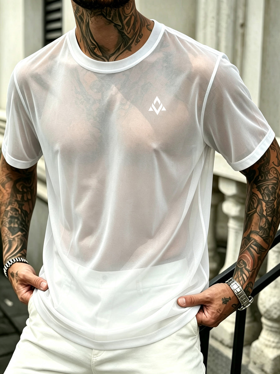 Men's Geometric Triangle Small Logo Mesh Short Sleeve Cooling Quick-Dry Loose Fit Crew Neck Sports T-Shirt - White