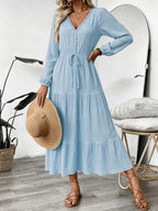 Women's Vacation Style Dress, Elegant and Fashionable V-Neck Lace Long Sleeve Maxi Dress - Sky Blue