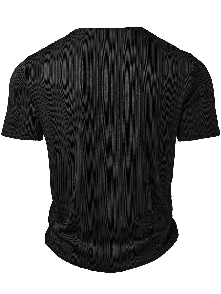 Men'S Fashion Men'S Clothing Tops Spring And Summer Outdoor Fashion Casual Texture Fabric Color-Blocking Stitching Round Neck Badge Decoration Short-Sleeved Men'S Henley Shirt - Black