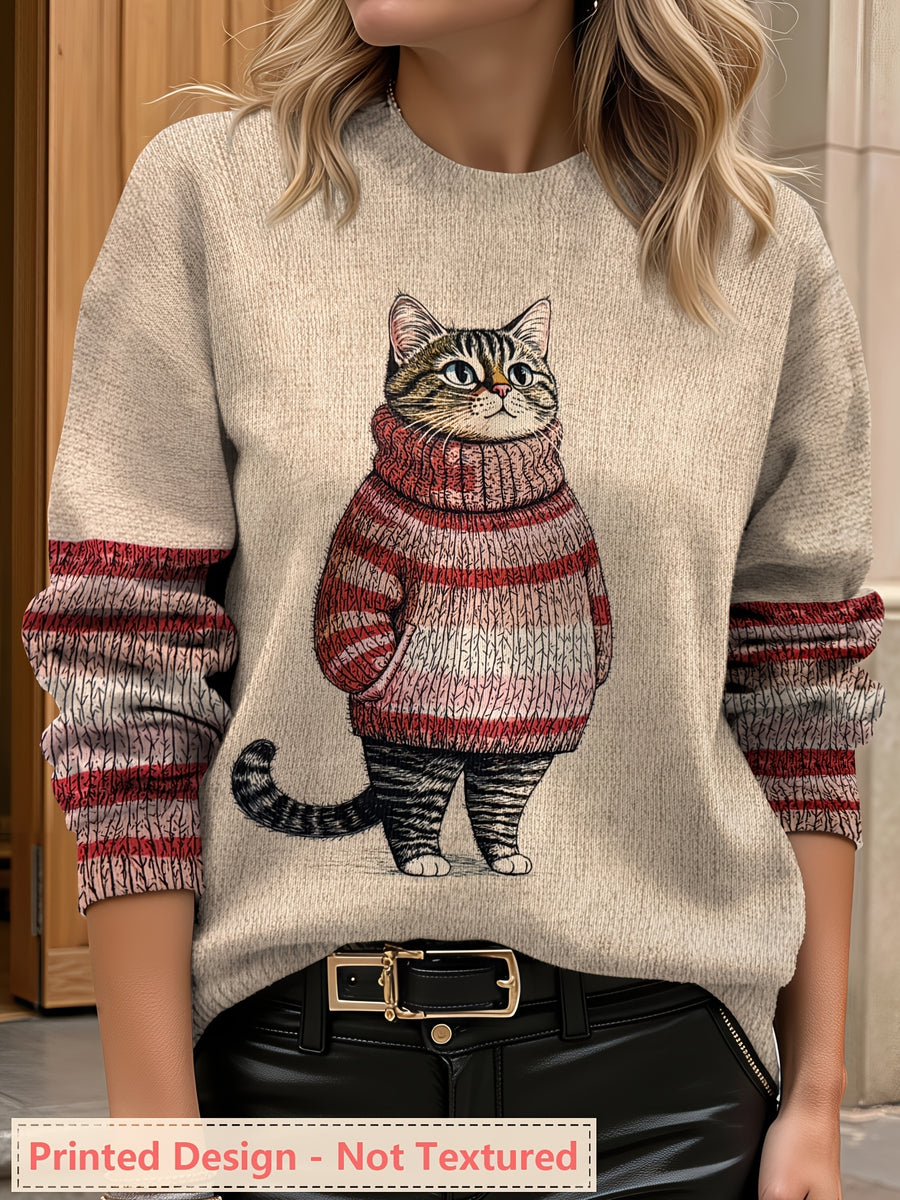 Plus Size - Plus Size - Plus Size Women'S for All Over Printed Long Sleeve Universal Crew Neck Lightweight Sweater, Trendy Wear, Cat Pattern, Perfect for Casual Elegance Style Outfits - Suitable for All Seasons - Red