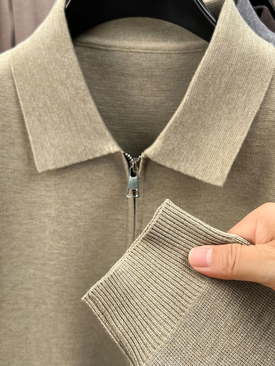Men'S Lapel Full-Zip Long Sleeve Knit Jacket, Ribbed Cuffs And Hem, Autumn/Winter Style, Casual Commute Wear, Business Casual Style. - SINBOS - Apricot