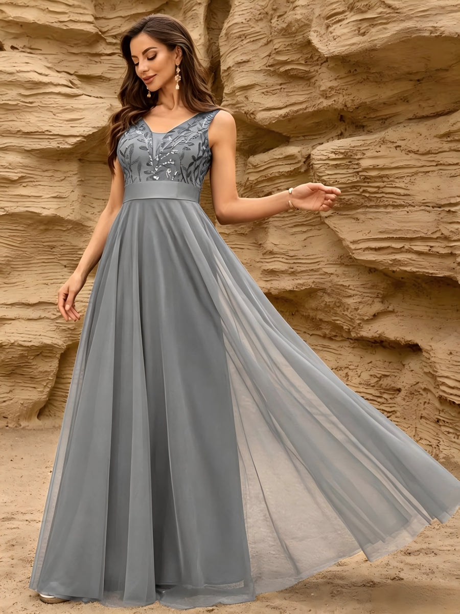 Fashionable Sexy New Women'S Sequin Mesh Patchwork A-Line Party Dress - Grey