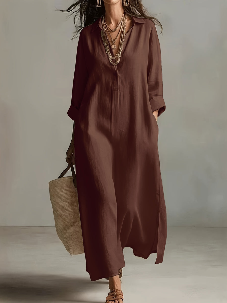 Autumn Casual Solid Color Lazy Style Long Sleeve Shirt Dress for Women, Double Pocket Design, Loose Fit with Side Slit Long Dress, Adds a Touch of Vintage Charm, Moderately Thick, Breathable, Skin-Friendly, and Soft Fabric, Versatile Style - Dark Brown