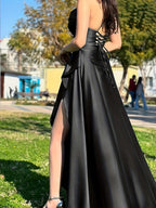 Elegant Women's Green Satin Spaghetti Strap Wrap Neckline Ruffle Hem Back Tie Slit Dress for Banquets, Parties, Weddings, and Bridesmaid Attire - Black