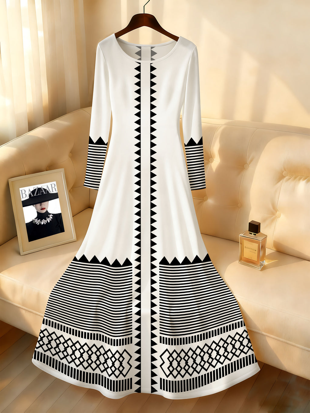 Printed Design Geometric Tribal Stripe Pattern Easy Style Women'S Dress - White