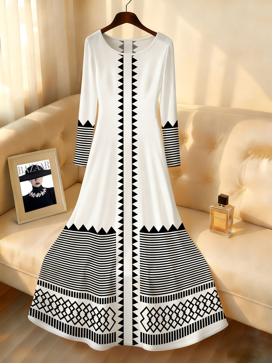Printed Design Geometric Tribal Stripe Pattern Easy Style Women'S Dress - White