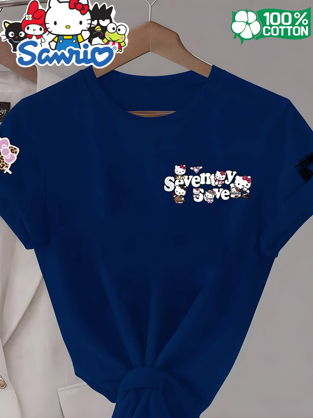 Women'S Round Neck 100% Short Sleeve T-Shirt, Hello Kitty Classic Red Bow Heart Pattern Cartoon Print Design, Casual Comfortable Everyday Versatile Short Sleeve Tee, Women'S Fashion Trendy Spring Summer Fall Casual Short Sleeve Top, Home Party Wear - Color Blue