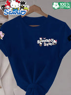 Women'S Round Neck 100% Short Sleeve T-Shirt, Hello Kitty Classic Red Bow Heart Pattern Cartoon Print Design, Casual Comfortable Everyday Versatile Short Sleeve Tee, Women'S Fashion Trendy Spring Summer Fall Casual Short Sleeve Top, Home Party Wear - Color Blue