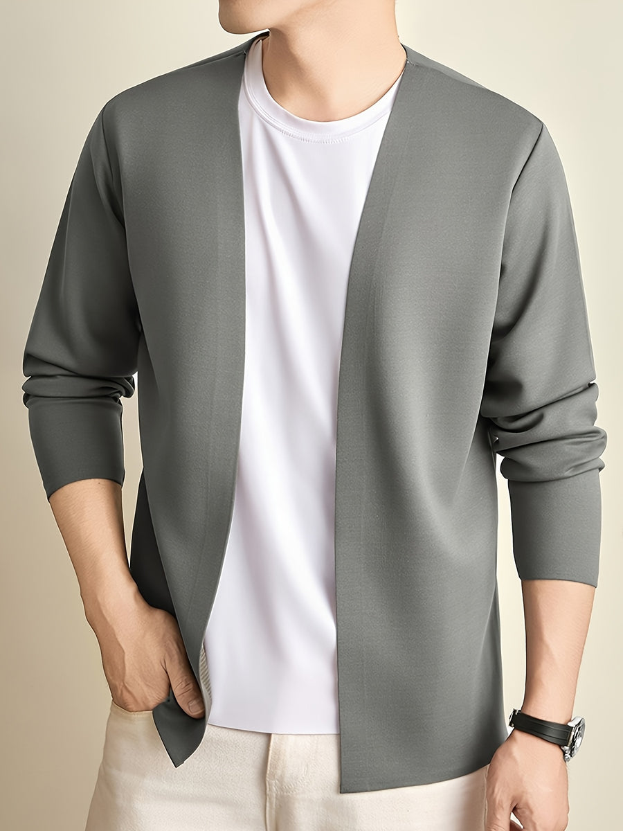 Men's Open Front Cardigan Long Sleeve V Neck Lightweight Solid Color Outerwear Casual Business Layering Jacket for Daily Wear - Gray Green