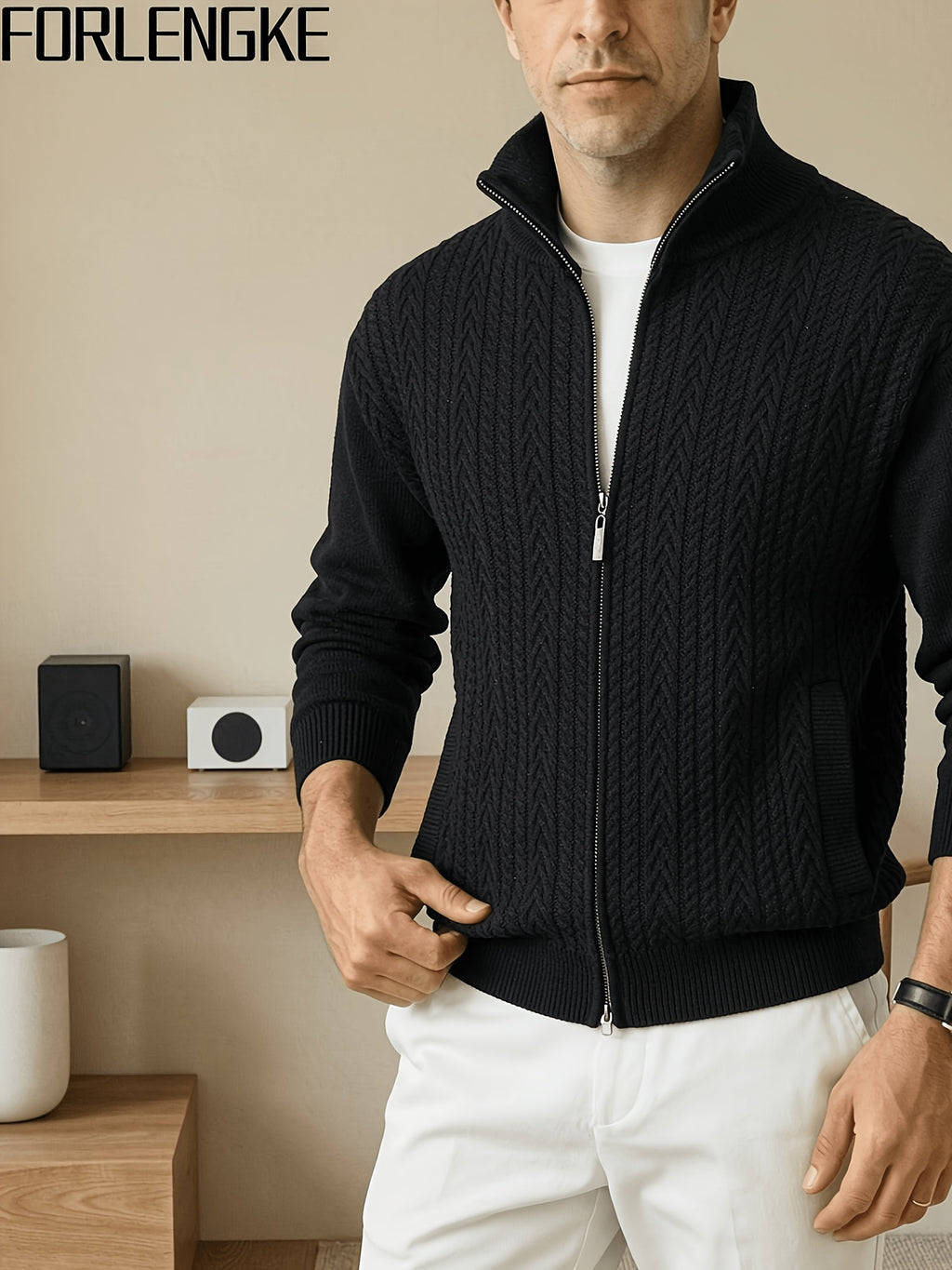 FORLENGKE Autumn And Winter Men'S Zipper Knit Cardigan, Vintage Cable Knit Stand Collar Sweater Jacket, Neat And Fitted Fabric, Zippered Half-High Collar, Versatile for Multiple Occasions, Can Be Layered, Men'S Casual Knit Jacket - Black