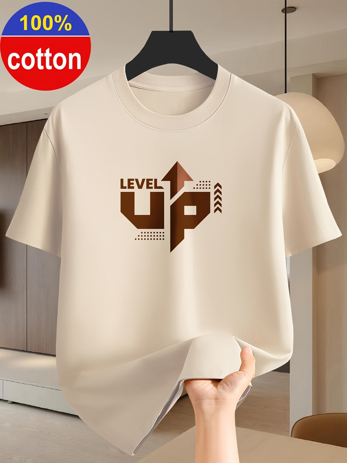 100%, Summer Men'S Short Sleeve T-Shirt, Fashion Easy Print Top, Round Neck Base Layer, Easy Fashion Fit, Outdoor Leisure Sports Essential, Machine Washable - Khaki