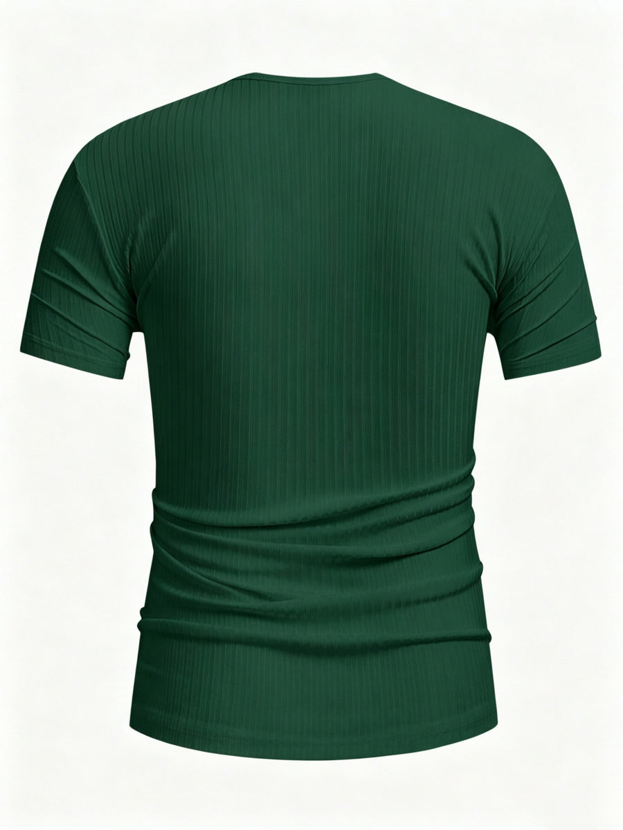 [Qiaoximei OBM] Pinstripe Henley Shirt, Solid Color Easy Casual T-Shirt, Comfortable Soft Breathable Fabric, Suitable for Men'S Daily Work And Beach Vacation Wear, Fashionable Athletic Clothing - Green