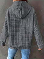 Women's Autumn/Winter Waffle Hooded Long-Sleeve Solid Color Sweatshirt - Dark Gray