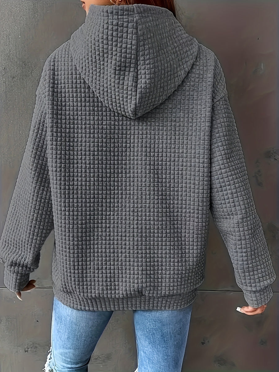 Women's Autumn/Winter Waffle Hooded Long-Sleeve Solid Color Sweatshirt - Dark Gray