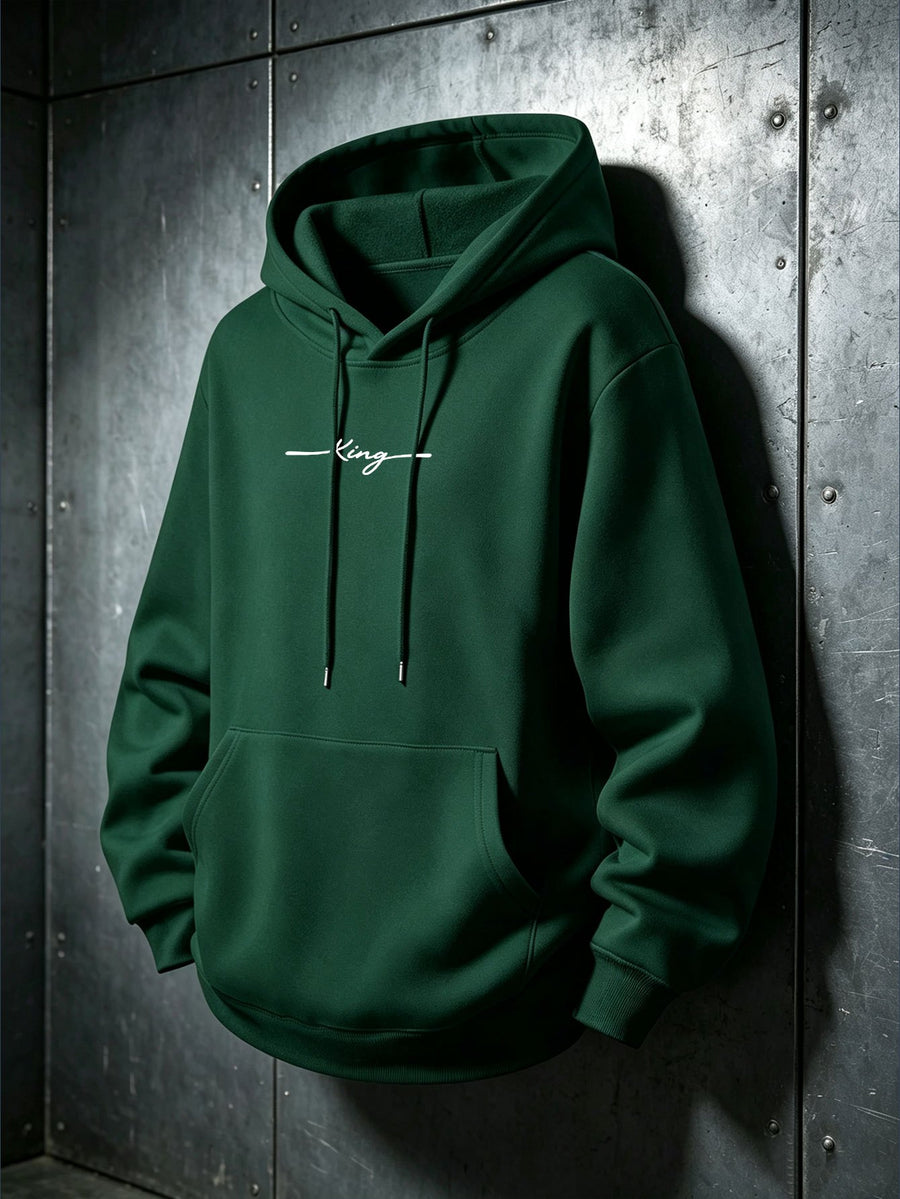 American High Street Handwritten Signature Hooded Sweatshirt for Men, Trendy Casual Pullover Top, Versatile Daily Wear, Slimming Long Sleeve Commuter Hoodie - Dark Green