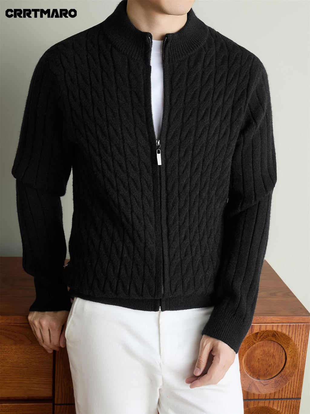 Men'S Heavyweight Thick Zip Neck Mock Neck Knit Cardigan, Warm Casual Layering Top for Fall And Winter - Black
