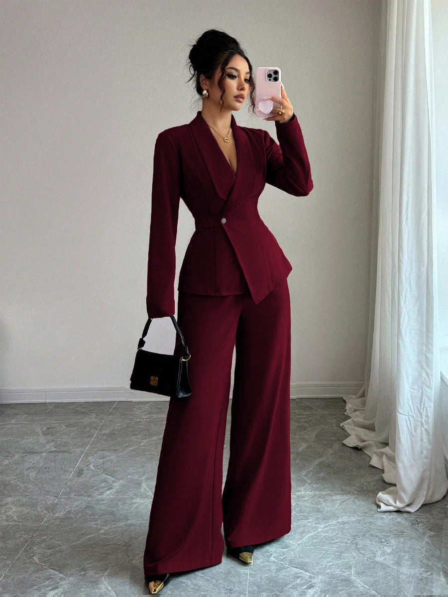 Women's Elegant Lapel V-Neck Long Sleeve Unique Design Belted Button-Up High-End Blazer and Straight-Leg Wide-Leg Pants 2pcs Set, Autumn Commuter Outfit for Women - Deep Red