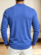 Men Spring Autumn Textured Mandarin Collar Henley 5-button Long Sleeve Top. Slim Soft Breathable Wrinkle-resistant Long Tee for Daily Business Commute & Casual Wear. - Light Blue