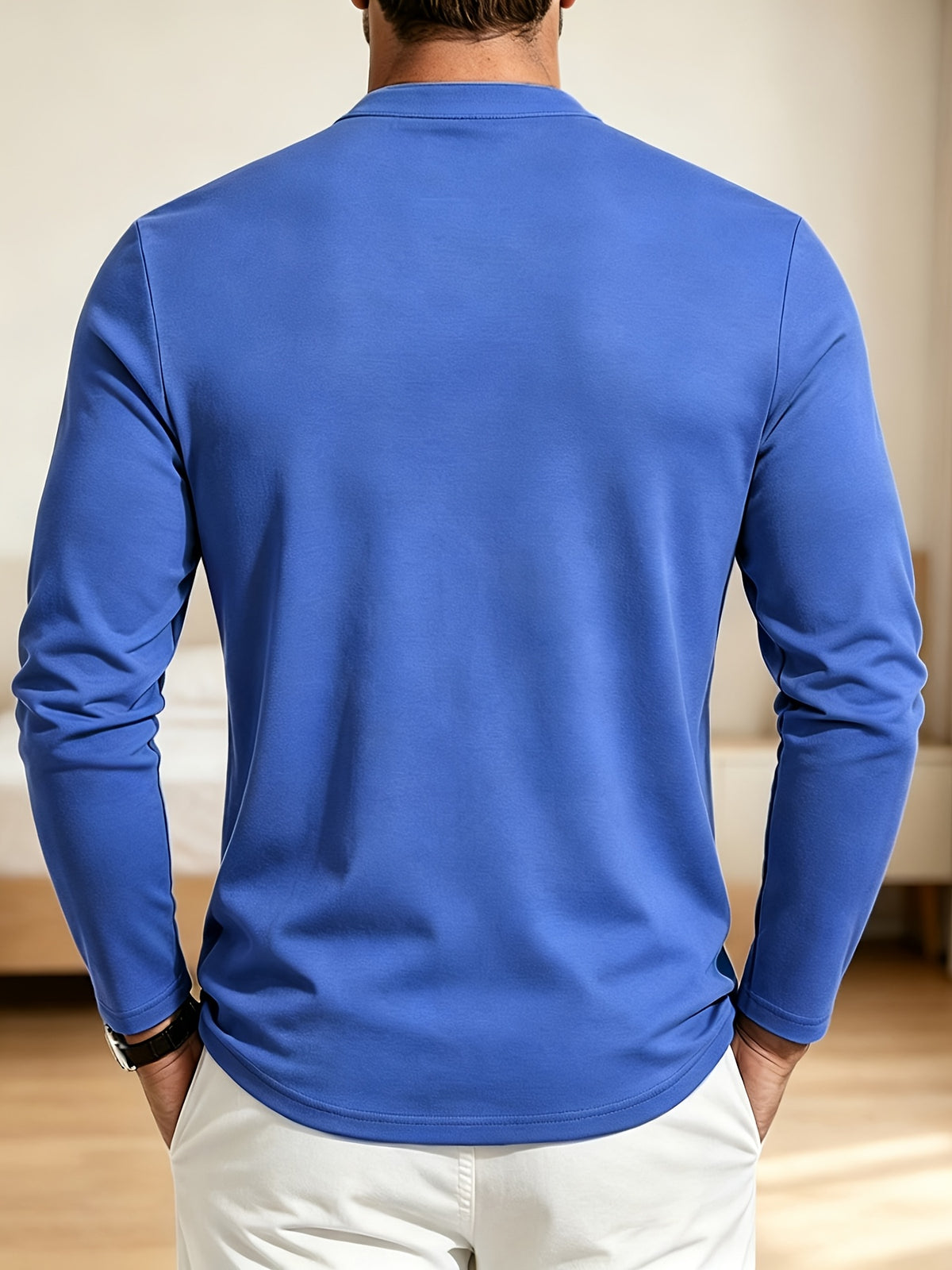 Men Spring Autumn Textured Mandarin Collar Henley 5-button Long Sleeve Top. Slim Soft Breathable Wrinkle-resistant Long Tee for Daily Business Commute & Casual Wear. - Light Blue
