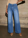 Women's Sky Blue Jeans with Concealed Front Pockets, Loose Straight-Leg Wide-Leg Cargo Pants - Medium Blue