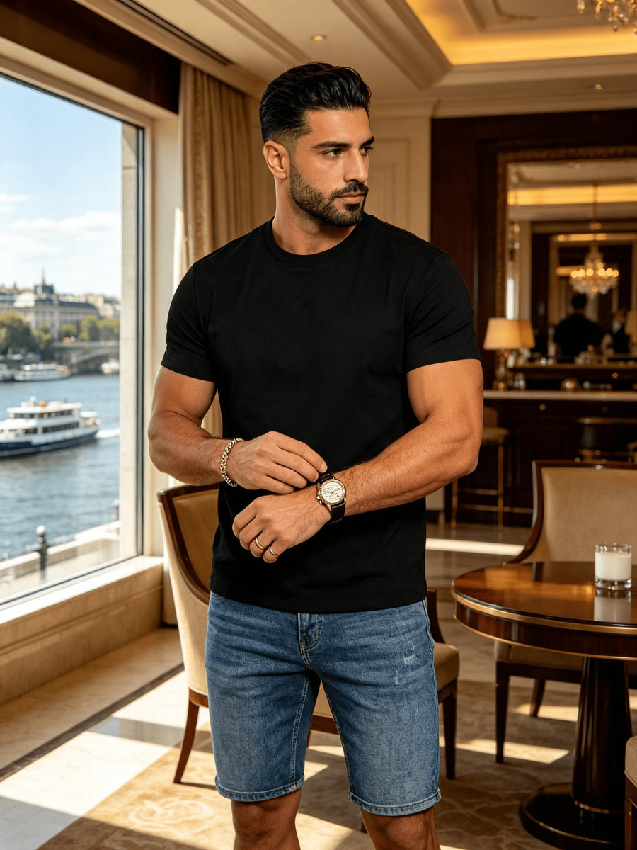 Men's Spring/Summer Solid Color T-Shirt, Short-Sleeve Top, Casual and Breathable, Suitable for Commuting and Outings, Fashionable, Trendy, Simple, and Versatile, a Casual Essential - Black