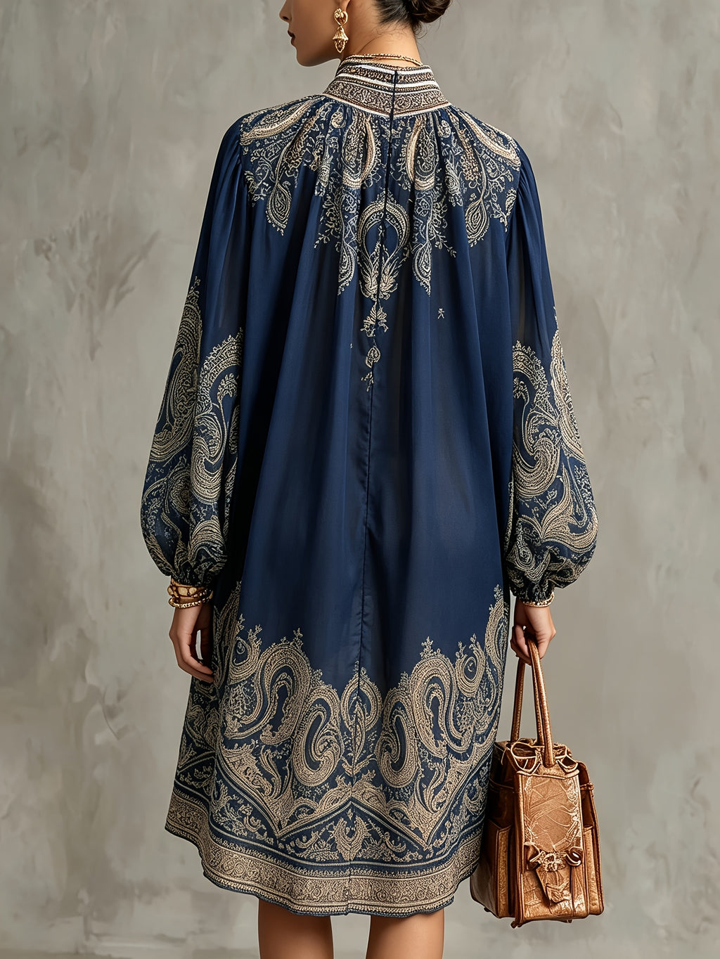 Navy Baroque Printed High Neck Irregular Chiffon Mini Dress - Sea Blue