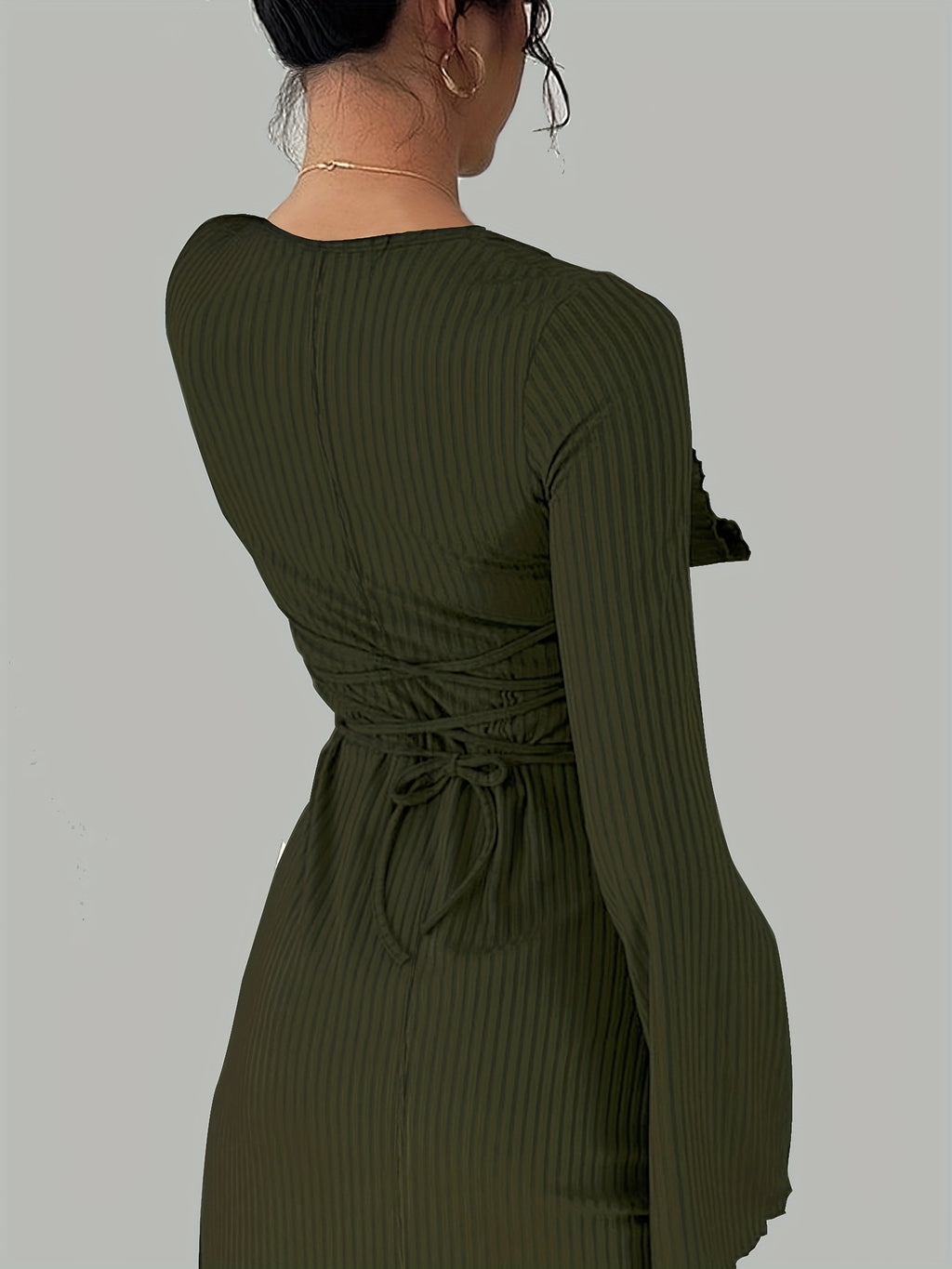 Women'S Solid Ribbed Flared Sleeve Back Tie Traditional Long Dress Elegant Long Dress - Deep Green
