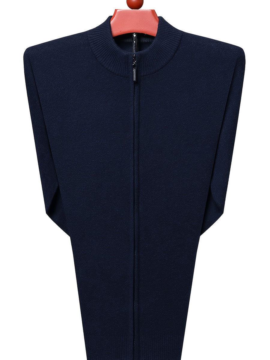 Men's Stand Collar Zipper Solid Color Knit Cardigan, Business Casual Style, Simple Solid Color, Slim Fit Not Tight, Versatile and Practical - Shangqing