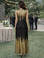 Elegant Sleeveless Slim-Fit Sequin Gown Dress with Golden Sequin Gradient Print, Straight Cut Flattering Long Dress, Suitable for Evening Parties and Gatherings - Black