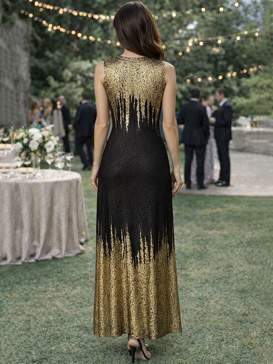 Elegant Sleeveless Slim-Fit Sequin Gown Dress with Golden Sequin Gradient Print, Straight Cut Flattering Long Dress, Suitable for Evening Parties and Gatherings - Black