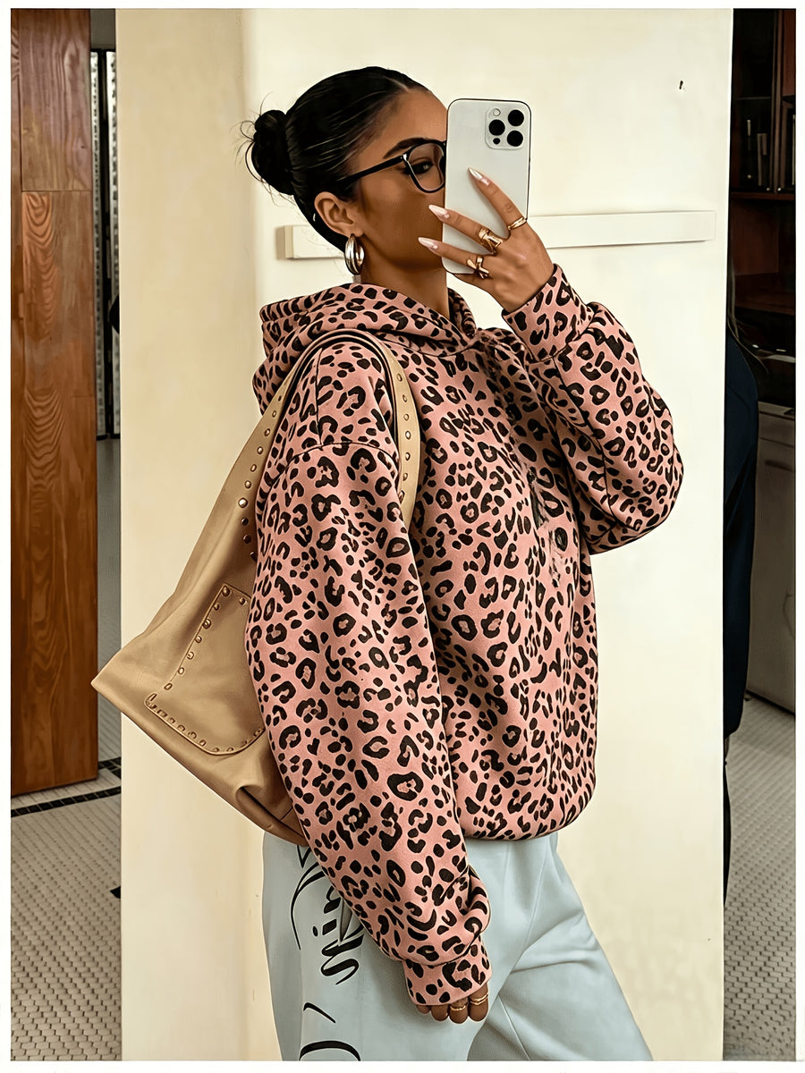Women's Fashion Leopard Print Hoodie Sweatshirt - Dark Brown
