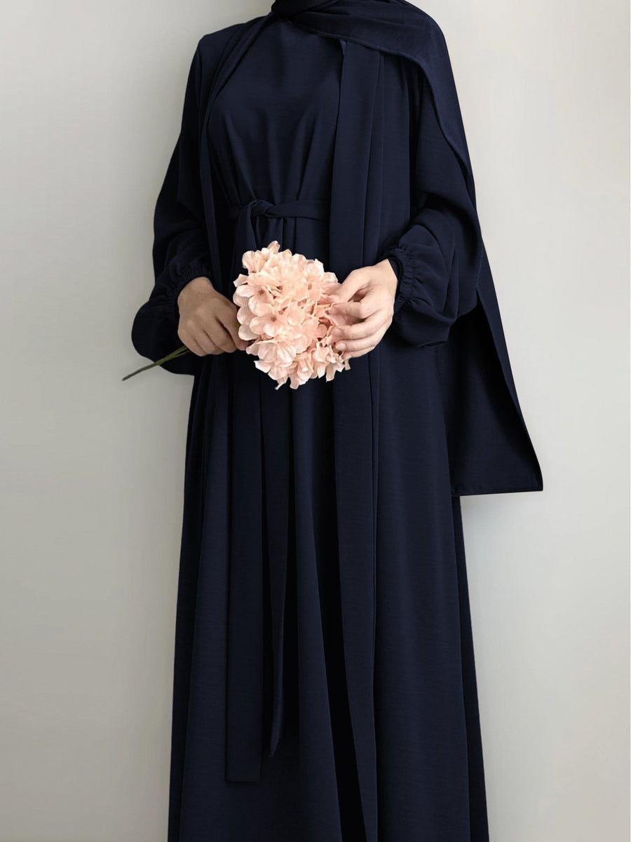 New Middle Eastern Dubai 3pcs Abaya Set - Women'S Traditional Belted Waist Dress with Cardigan And for Ramadan - Navy Color