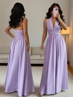 Women's Elegant Navy Blue Halter Backless Bridesmaid Dress - Deep V-Neck Wedding Dress with Shirred Waist & Elastic A-Line Hem, Machine Washable Suitable for Banquet, Party, Prom, Special Occasions, Non- Solid Color - Purple