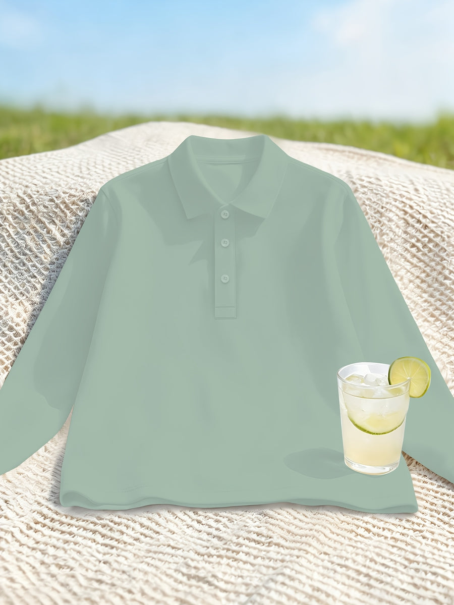 Fresh Solid Color Easy Lapel 3-Button Design Spring Autumn Casual Commute All-Match Men'S Long Sleeve POLO Shirt - Light Green