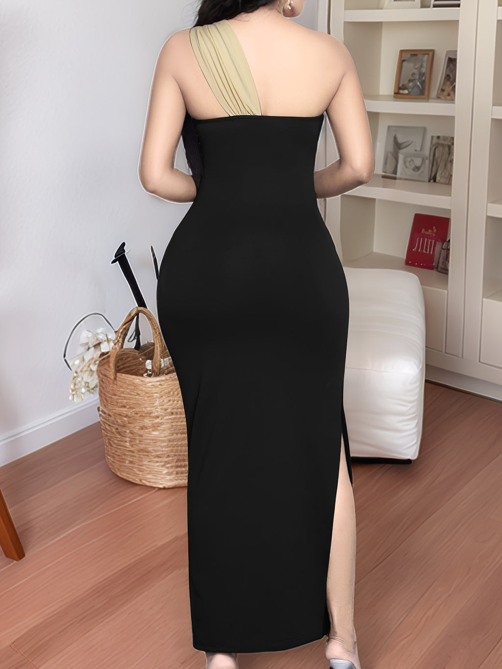 Women's Wedding Party Elegant Black and Apricot Color Block One-Shoulder Sleeveless Gathered Maxi Dress, Sexy and Elegant Attire for Women - Black apricot