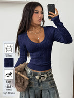Women'S Spring/Summer Elegant Casual Ribbed V-Neck Long-Sleeved Slim Top - Sea Blue