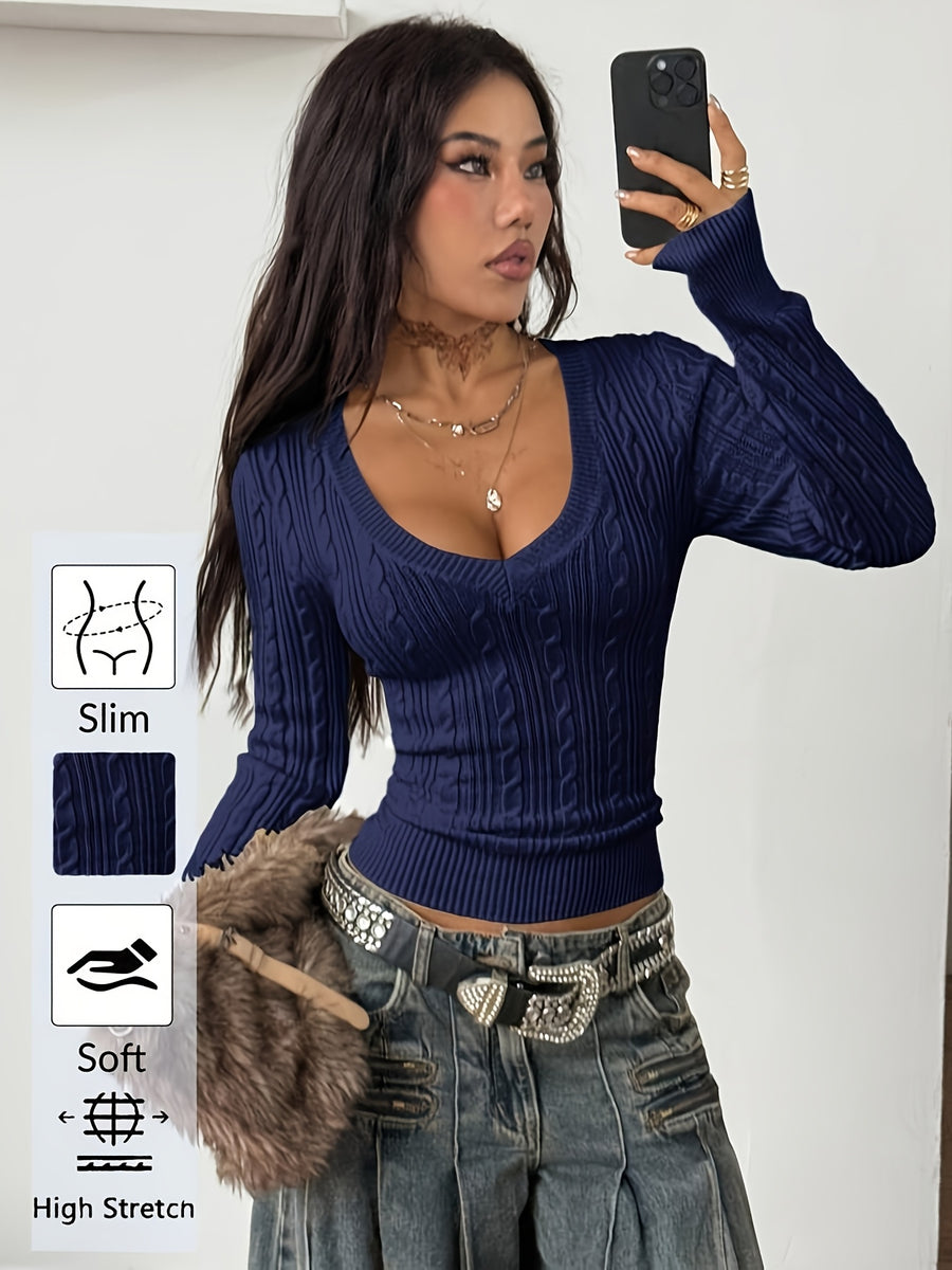 Women'S Spring/Summer Elegant Casual Ribbed V-Neck Long-Sleeved Slim Top - Sea Blue