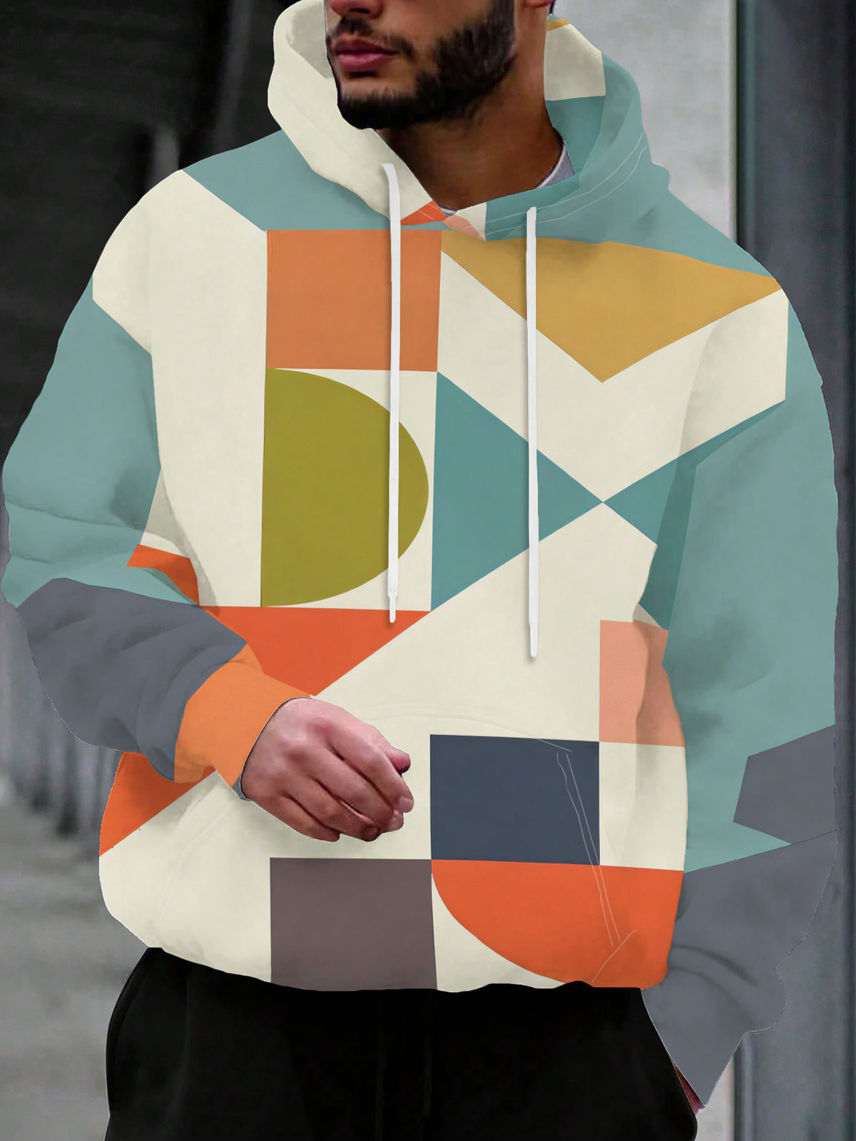 Men'S Individual Trendy Street Style Hooded Sweatshirt with Geometric Color Block Abstract Design - Full of Street Trendy Style, Rich And Artistic Pattern Elements, Easily Create Individual Outfits, Drawstring Design Adds Casual Charm - Multicolor