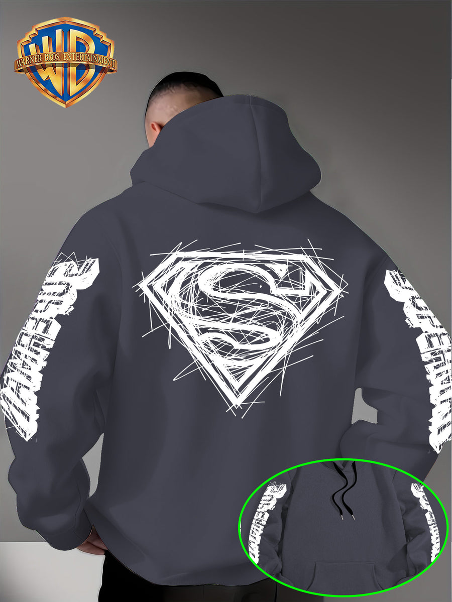 Warner Bros Official Superman Logo Print Men's Trendy Hooded Sweatshirt, Featuring Sleeve Print Design, Kangaroo Pocket, and Drawstring Hood, Suitable for Daily Wear in Autumn and Winter as Well as Outdoor Sports - a Must-have Item for Trend - Dark Gray