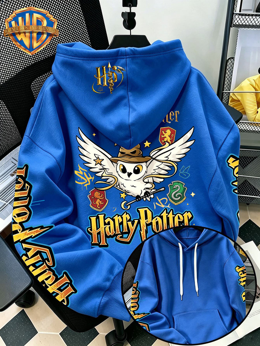 Warner Bros Official 1pc Vintage Golden Pattern Magic Owl Trendy Casual Hoodie - Men's Fashion Hoodie, Adjustable Drawstring Loose and Comfortable Sweatshirt, Suitable for Daily and Outdoor Sports Wear, the Perfect Choice for Warmth in Autumn - Blue