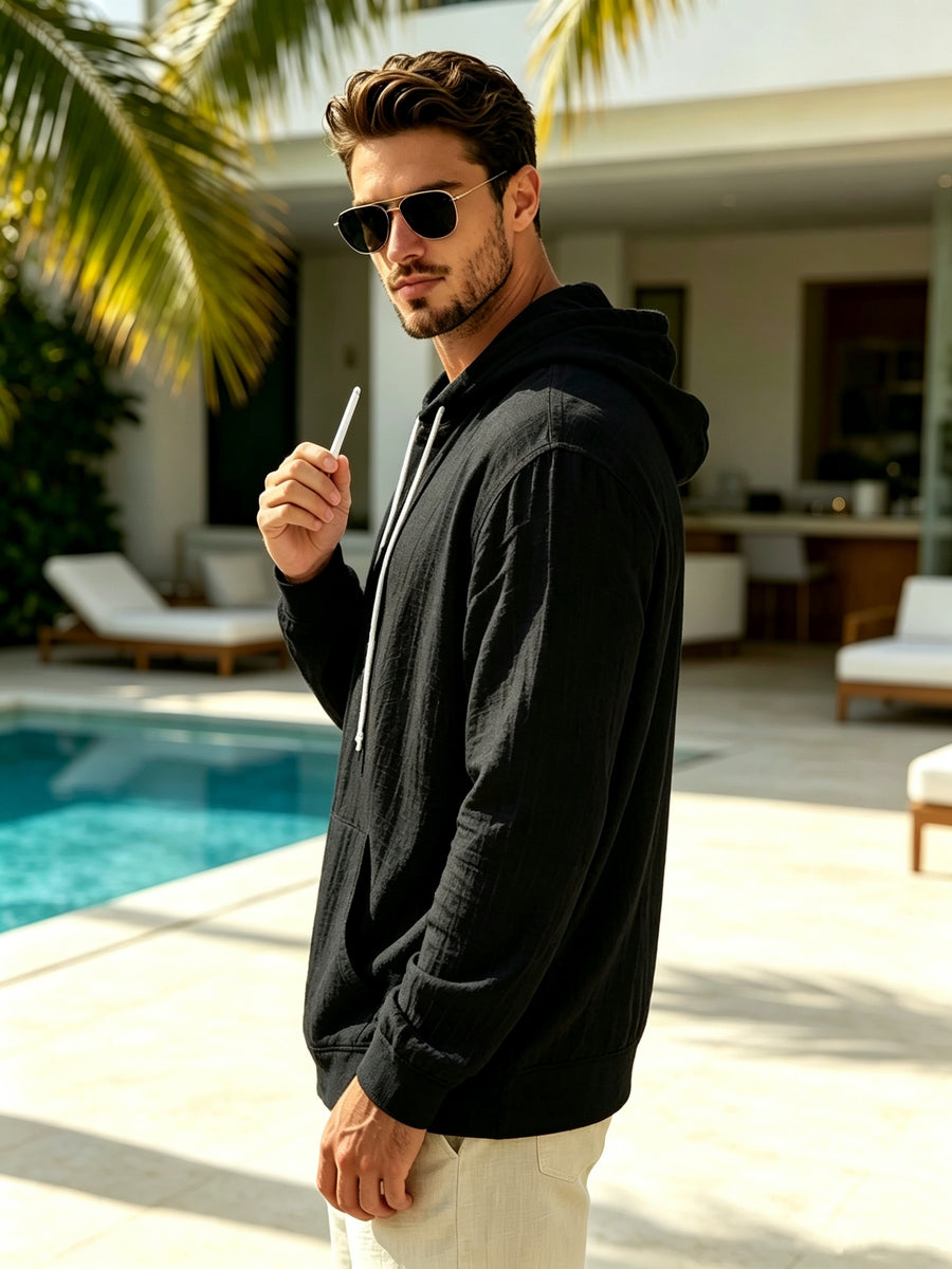 Spring And Autumn Men'S Casual Hooded Shirt, Long Sleeve Shirt, Solid Color Minimalist, Trendy And Versatile, Lightweight And Breathable, Suitable for Beach Vacation, Travel, And Daily Wear - Black